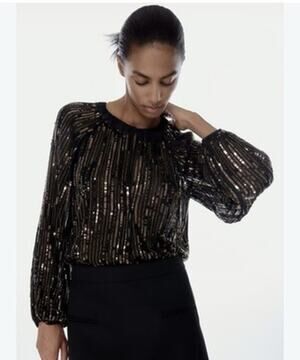 ZARA Womens Voluminous Sequin Blouse M Relaxed Fit Long Sleeve Black Shimmer